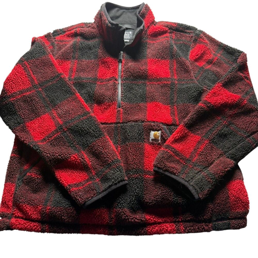 Carhartt Men's Large Loose Fit Sherpa Fleece 1/4 Zip Red Buffalo Plaid Pullover